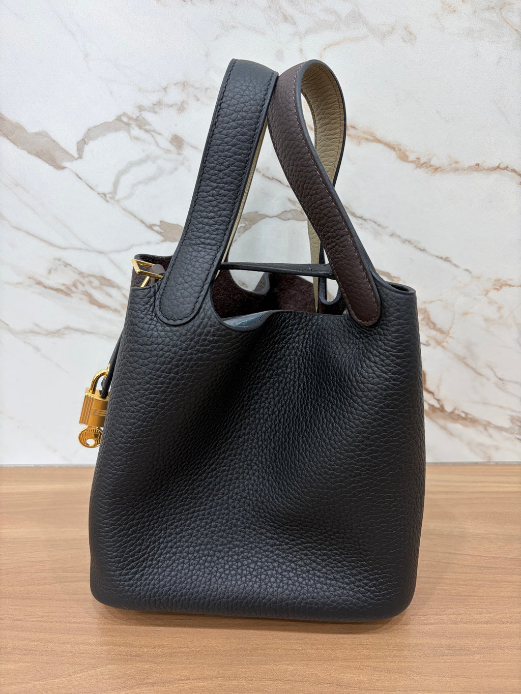 N/A Hermes Picotin 18 Clemence Noir/Macassar/Beige Marfa