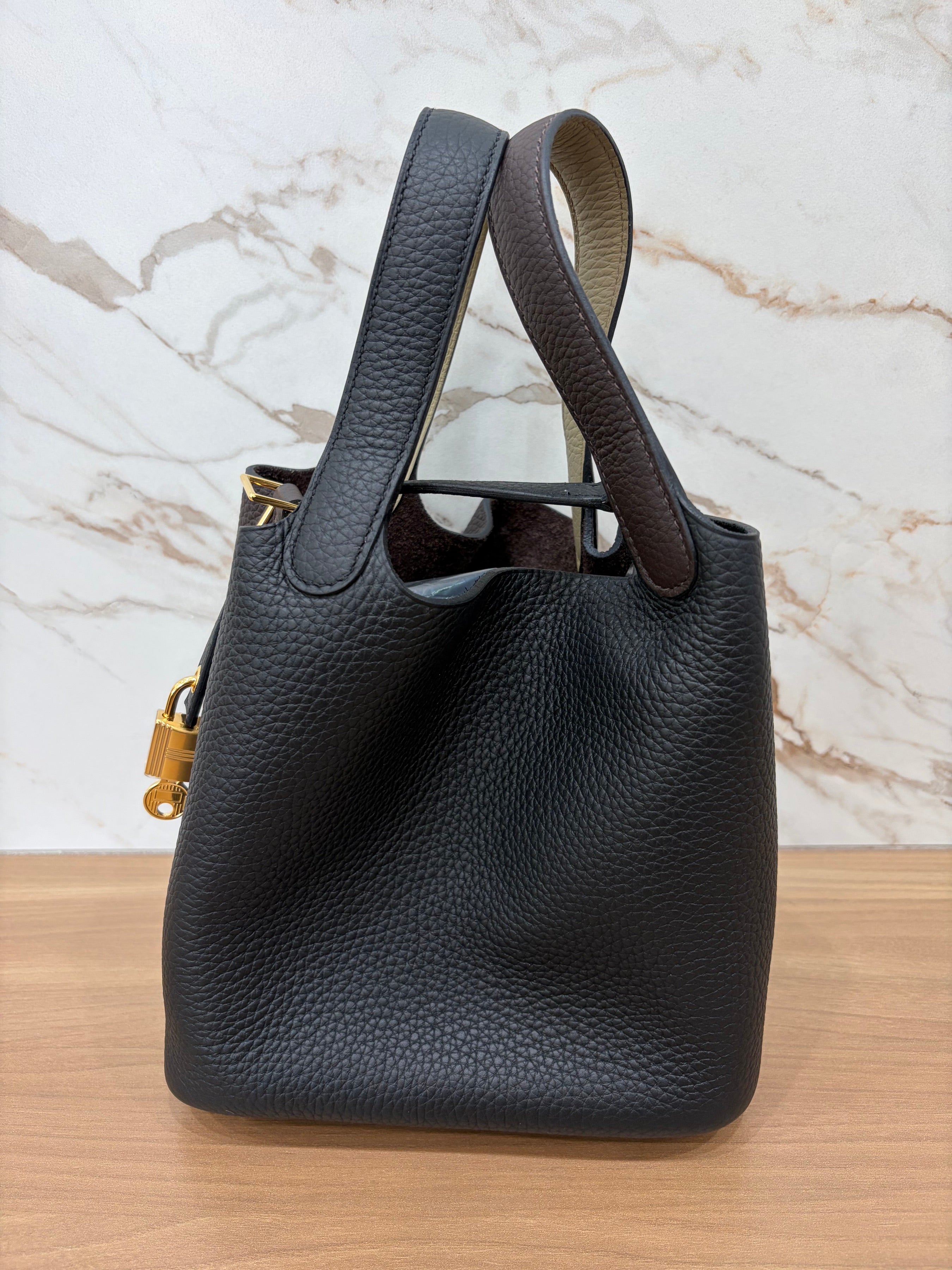 N/A Hermes Picotin 18 Clemence Noir/Macassar/Beige Marfa
