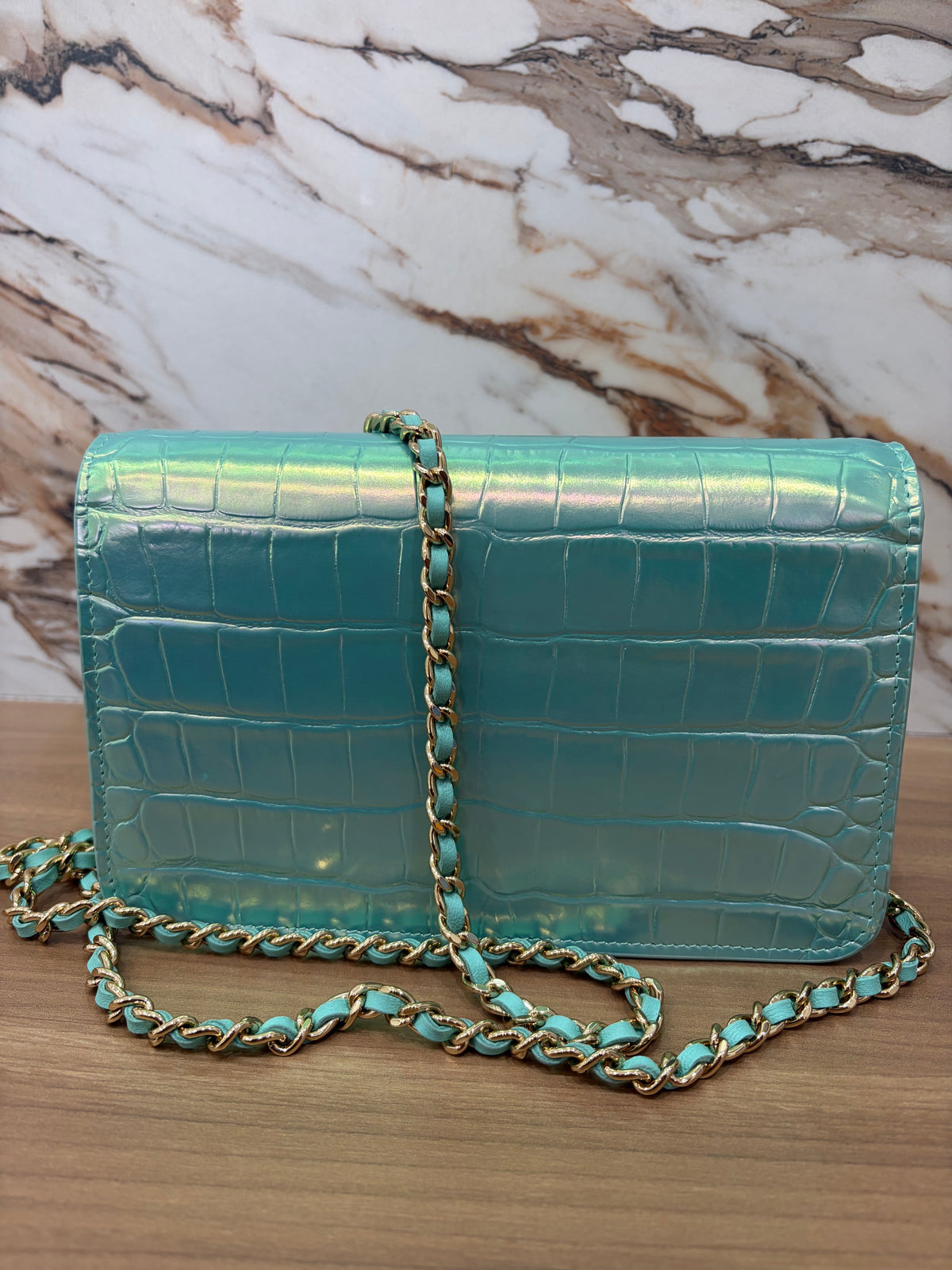 Chanel Turquoise Crocodile Calfskin & Gold-Tone Metal Wallet on Chain