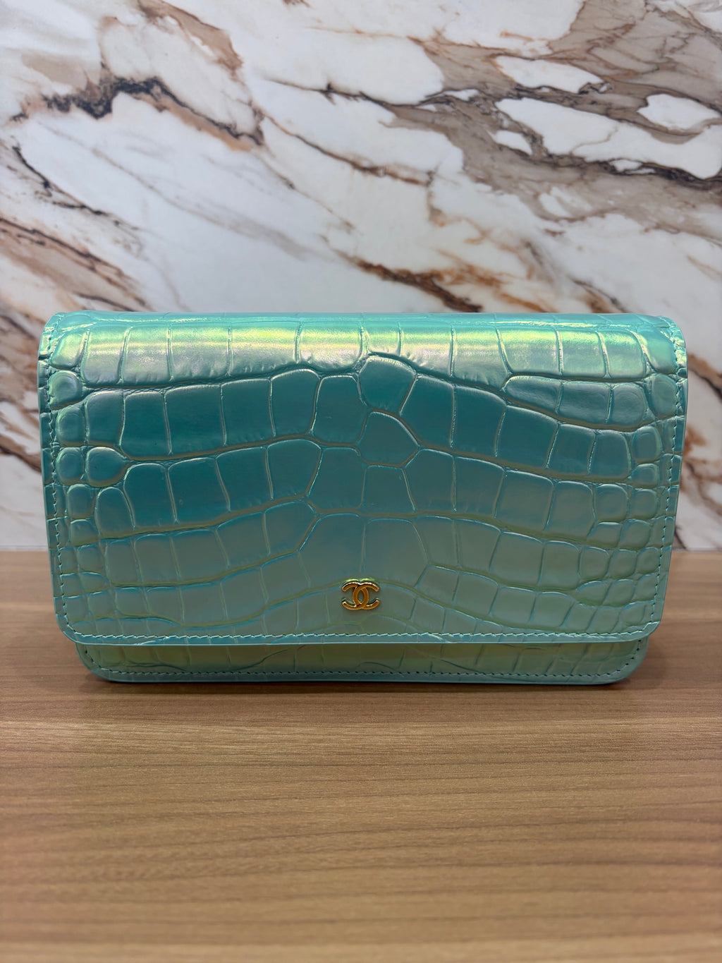 Chanel Turquoise Crocodile Calfskin & Gold-Tone Metal Wallet on Chain