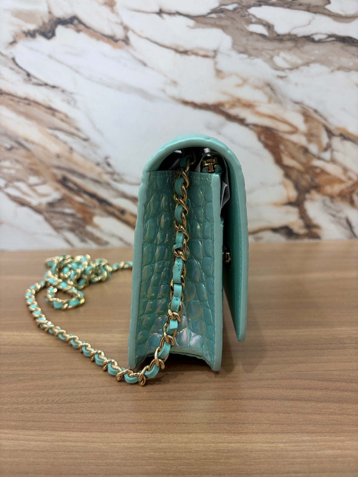 Chanel Turquoise Crocodile Calfskin & Gold-Tone Metal Wallet on Chain